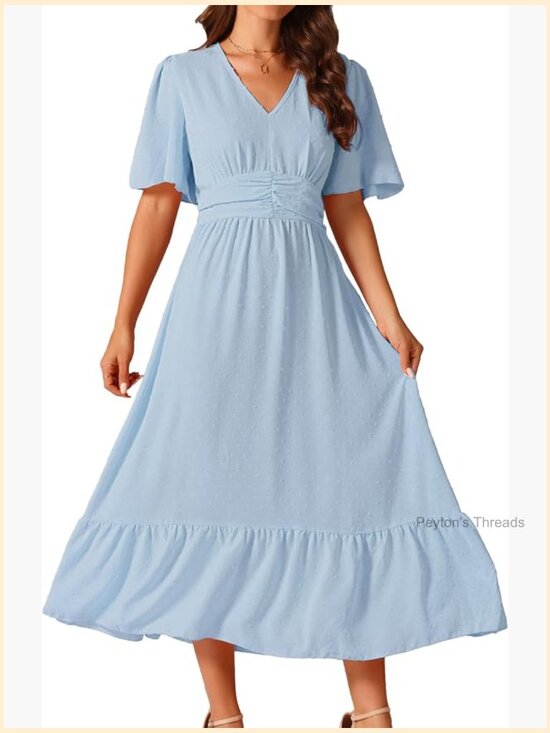 Dresses & Skirts - Swiss Dots Boho Ruffle Short Sleeve V Neck Tiered Midi Dress High Waist Beach